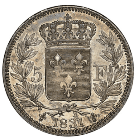 【MS62】1831年 フランス アンリ5世 5フラン銀貨 Essai(試鋳貨)(裏)