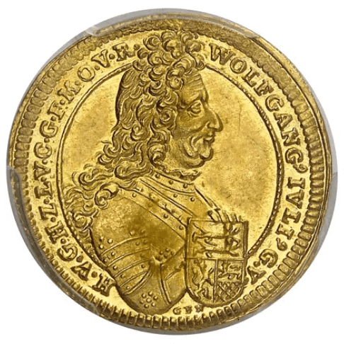 【MS61】1697年 神聖ローマ帝国 ドイツ ホーエンローエ＝ノイエンシュタイン ヴォルフガング・ユリウス 1ダカット金貨(表)