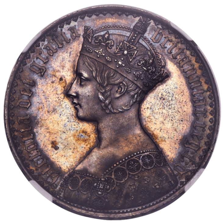 【PF63】1847年 イギリス ヴィクトリア女王 ゴチッククラウン銀貨 アンデシモエッヂ(表)