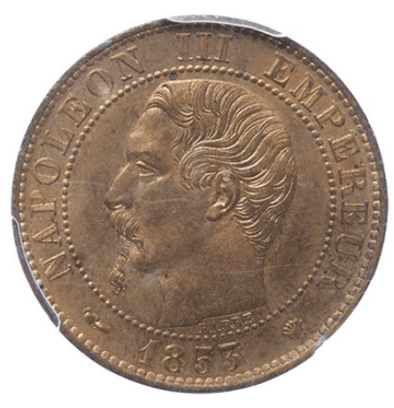 【MS64 RB】1853年 フランス  第二帝政 ナポレオン3世 5サンチーム 銅貨(表)