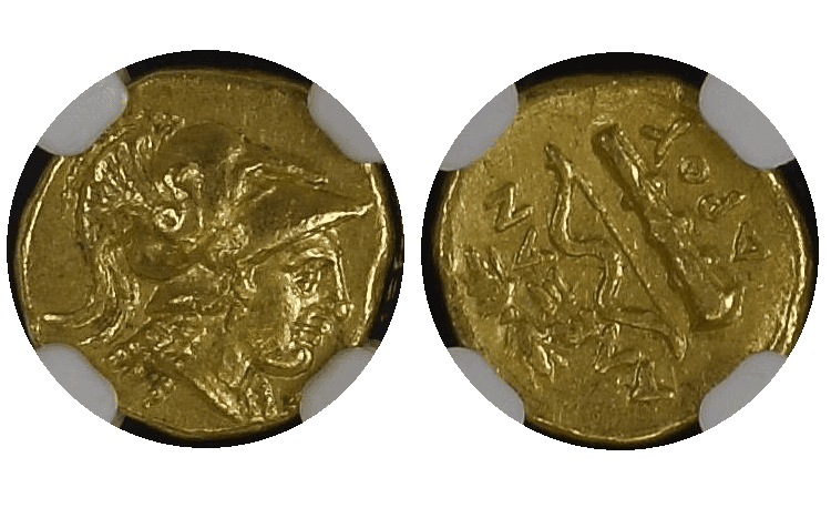 【Ch XF 5/5 4/5】紀元前336年?323年 古代マケドニア王国 アレクサンドロス3世 1/4スターテル金貨(表)
