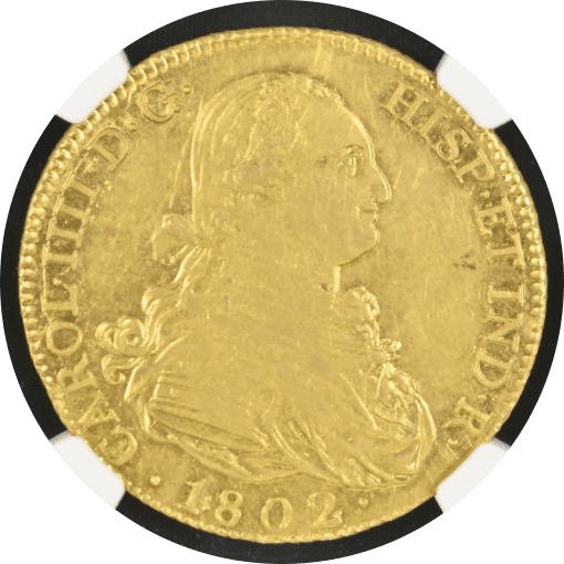 【AU58】1802年 スペイン カルロス4世 8エスクード金貨(表)