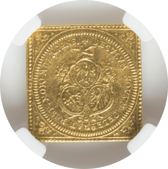 【AU58】1700年 神聖ローマ帝国 ドイツ ニュルンベルク リストライク 角ラムダカット 1ダカット 金貨(裏)