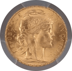 【MS67】1909年 フランス第三共和国  ルースター 20フラン金貨(表)