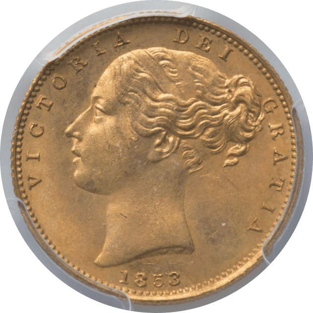 【MS65】1853年 イギリス ヴィクトリア女王 ヤングヘッド 1ソブリン金貨(表)