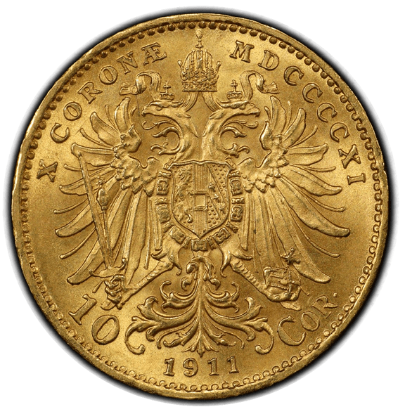 【MS63】1911年 オーストリア フランツ・ヨーゼフ1世 10コロナ金貨(裏)
