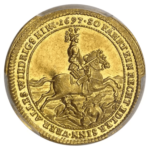 【MS61】1697年 神聖ローマ帝国 ドイツ ホーエンローエ＝ノイエンシュタイン ヴォルフガング・ユリウス 1ダカット金貨(裏)