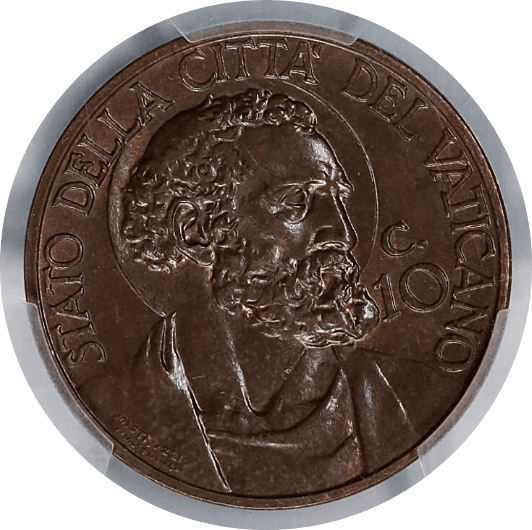 【MS65 BN】1938年 バチカン市国 ピウス11世 10センテシミ銅貨(表)