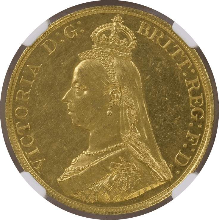 【MS62】1887年 イギリス ヴィクトリア女王 ジュビリーヘッド 5ポンド金貨(表)