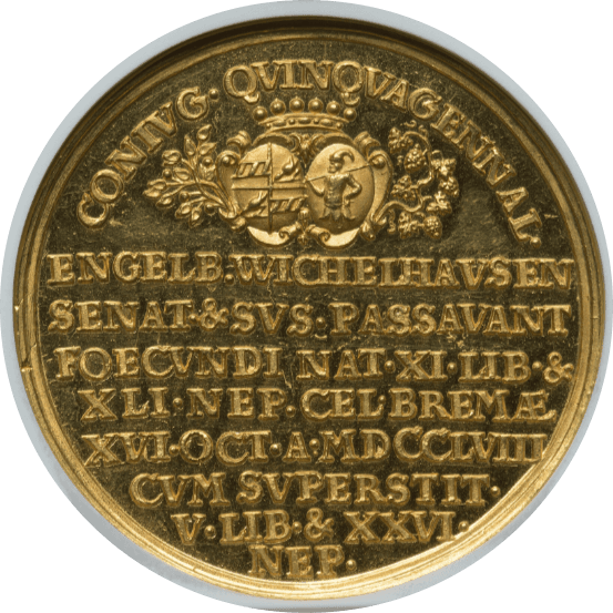 【UNC Details】1758年 ドイツ 神聖ローマ帝国  ブレーメン エンゲルベルト＆スザンヌ 結婚50周年記念メダル 8ダカット金貨(裏)