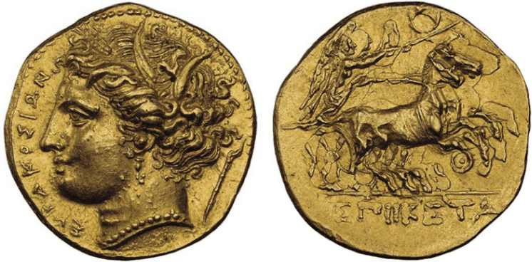 【AU 3/5 4/5 Fine Style】紀元前288年〜279/8年 古代ギリシア シチリア島 シラクサ ヒケタス デカドラクマ金貨