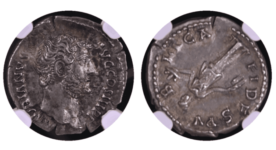 【AU 5/5 - 4/5 Fine Style】117年?138年 古代ローマ帝国 ハドリアヌス帝 デナリウス銀貨(表)