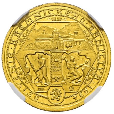 【MS64 PL】1934年 チェコスロバキア クレムニツァ鉱山再開記念  2ダカット金貨(裏)
