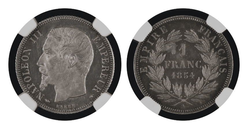 【MS63 CAMEO】1854年 フランス 第2帝政 ナポレオン3世 無冠 1フラン銀貨