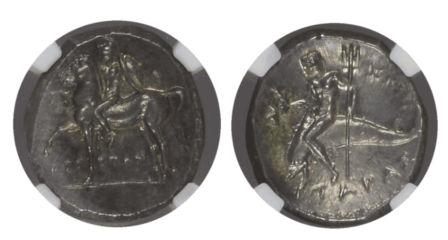 【MS★ 5/5 5/5 Fine Style！】紀元前281年?240年 古代ギリシア カラブリア タラス 2ドラクマ銀貨(表)