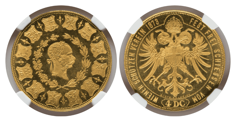 【MS67 PL】1873年 オーストリア フランツ・ヨーゼフ1世 ウィーン射撃祭 リストライク 4ダカット金貨