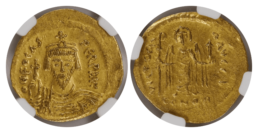 【AU 4/5 2/5 scratches】602年〜610年 ビザンツ帝国（東ローマ帝国）フォカス皇帝 ソリダス金貨