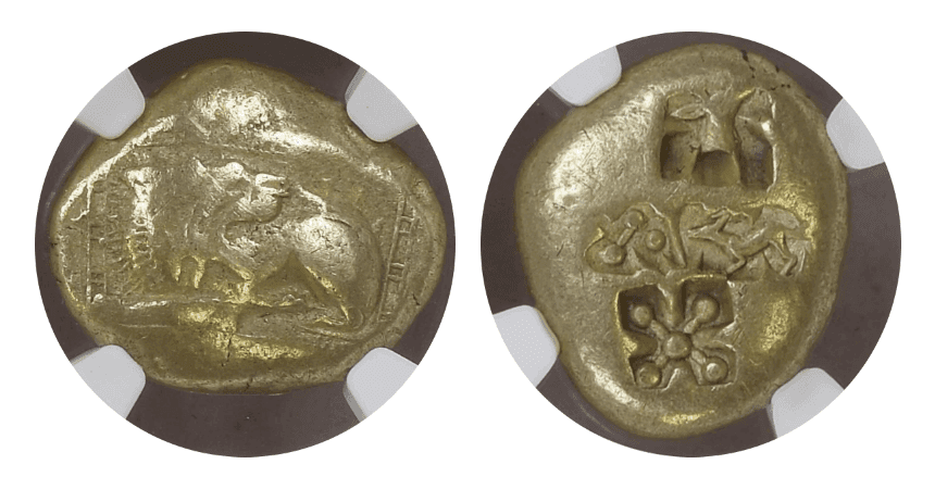 【Ch F 5/5  4/5】紀元前600年〜550年 古代ギリシア イオニア国 ミレトス スターテル琥珀金（エレクトラム）貨