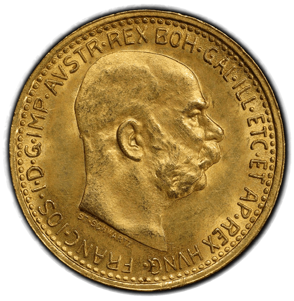 【MS63】1911年 オーストリア フランツ・ヨーゼフ1世 10コロナ金貨(表)