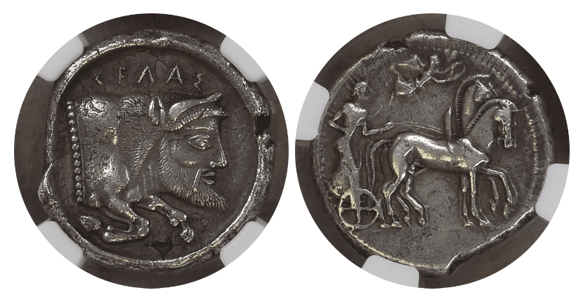 【XF★ 5/5 4/5】紀元前480年〜470年 古代ギリシア シチリア島 川の神「GELA」テトラドラクマ銀貨