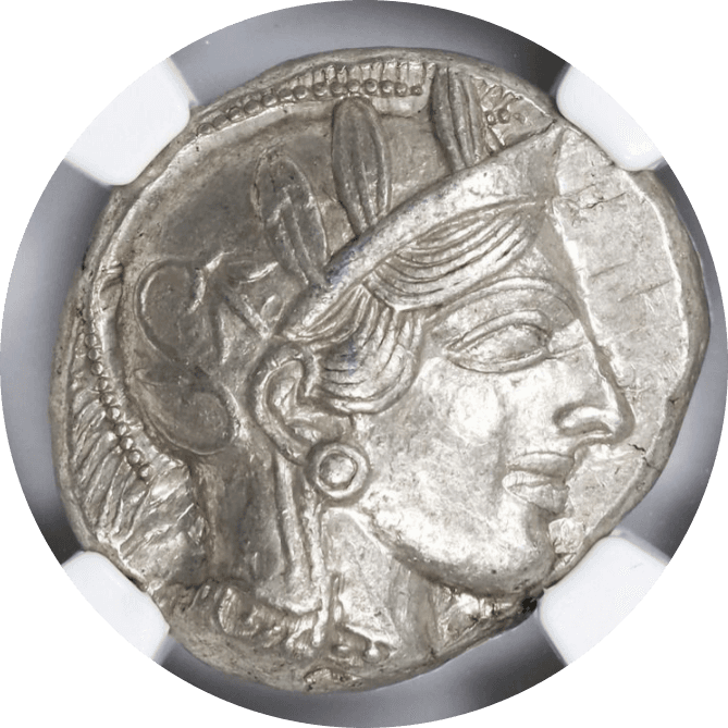 【AU 5/5 5/5】紀元前440年〜404年 古代ギリシア アッティカ 女神アテナ テトラドラクマ フクロウ銀貨(表)