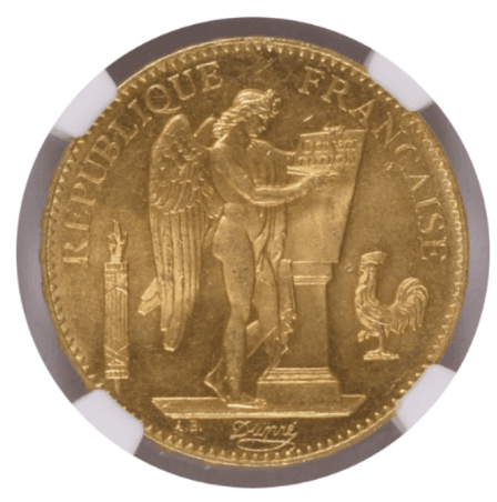 【MS65+】1881年A フランス エンジェル 100フラン金貨(表)