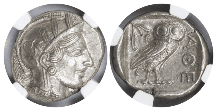 【AU 5/5 5/5】紀元前440年〜404年 古代ギリシア アッティカ 女神アテナ テトラドラクマ フクロウ銀貨