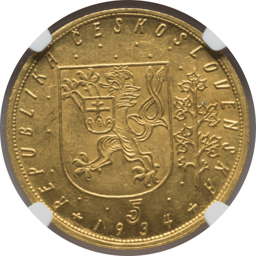 【MS63】1934年  チェコスロバキア 5ダカット金貨(裏)
