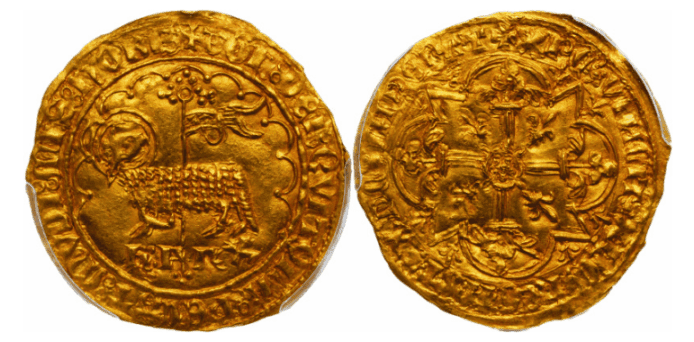 【MS62】1380年〜1422年 フランス サン＝プルサン シャルル6世 金の羊 アニェル・ドール（ムートンドール）金貨