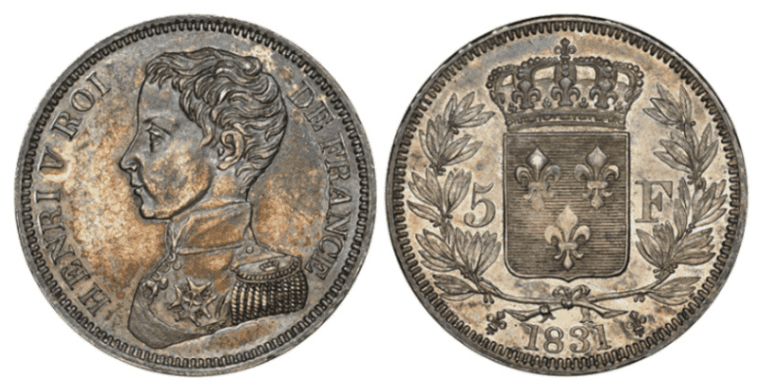 【MS62】1831年 フランス アンリ5世 5フラン銀貨 Essai(試鋳貨)
