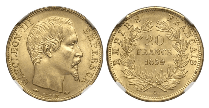 【MS65】1859年A フランス 第二帝政 ナポレオン3世 無冠 20フラン金貨