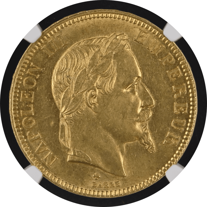 【AU58】1868年 フランス第2帝政 ナポレオン3世 有冠 100フラン金貨(表)