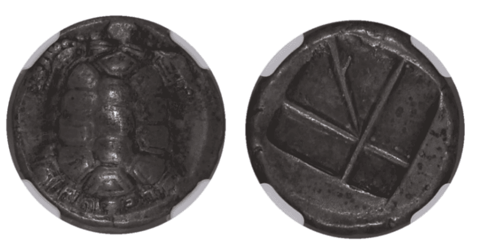 【Ch XF 5/5 4/5】紀元前350年?338年 古代ギリシア エギナ島 陸亀の甲羅 スターテル銀貨(表)