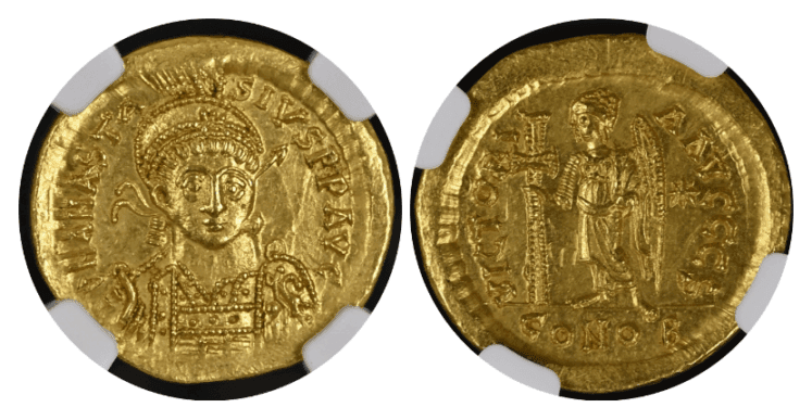【MS 5/5 2/5】491年〜518年 ビザンツ帝国（東ローマ帝国）アナスタシウス1世 ソリダス金貨
