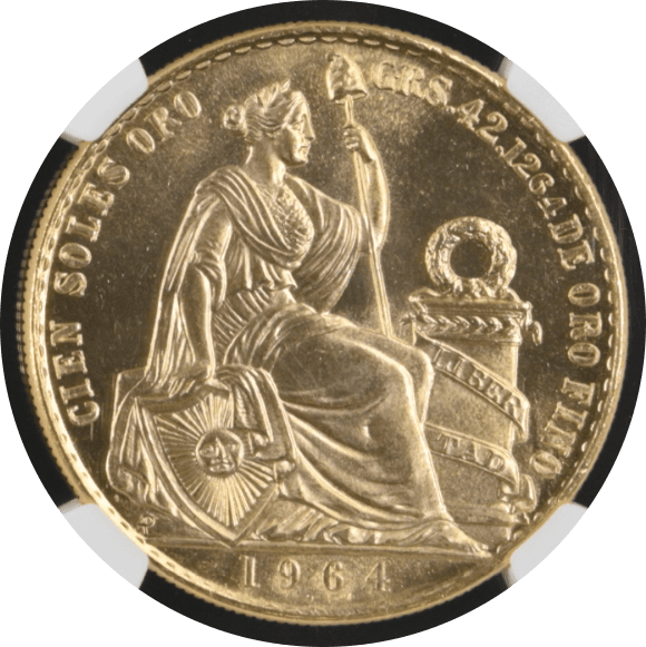 【MS65】1964/3年 ペルー 女神の坐像 50ソル金貨(表)