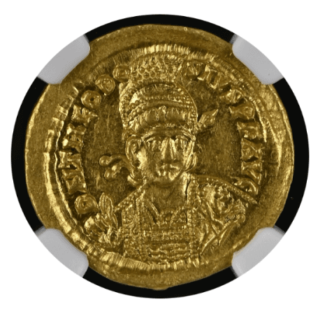 【Ch AU ★5/5 5/5】402年?450年 東ローマ帝国 テオドシウス2世 ソリダス金貨(表)