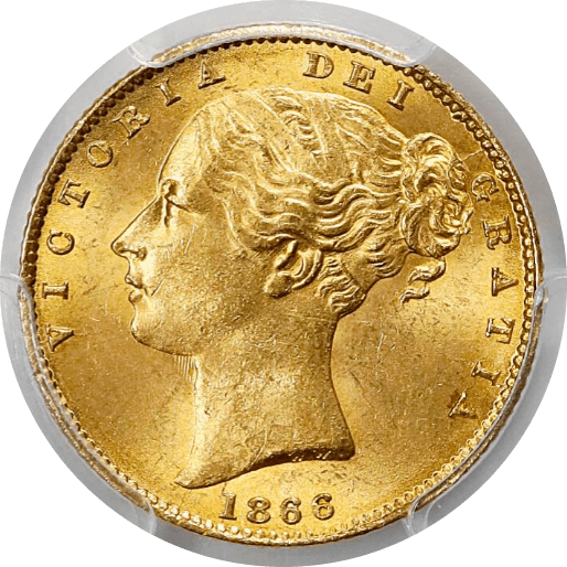 【MS62】1866年 イギリス ヴィクトリア女王 ヤングヘッド 1ソブリン金貨(表)