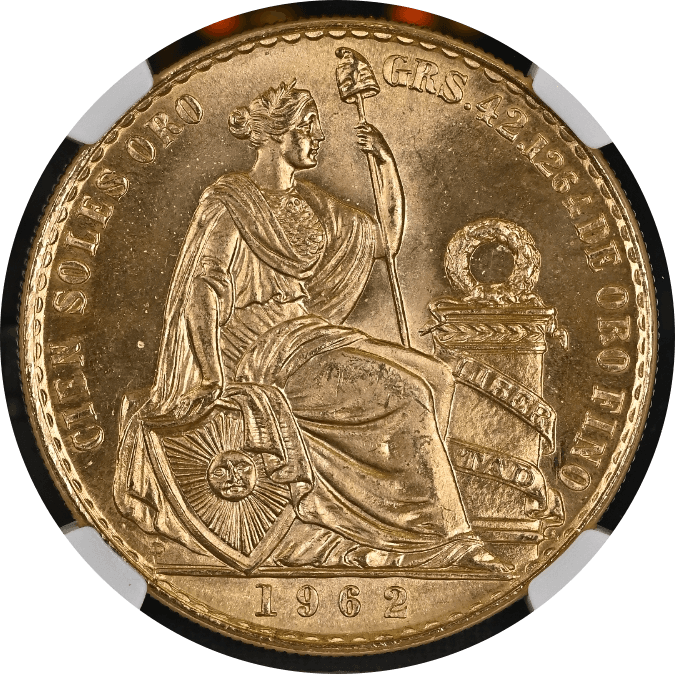 【MS67】1962年 ペルー 女神の坐像 100ソル金貨(表)
