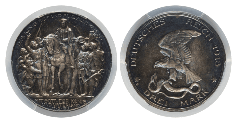 【PR66】1913年 ドイツ ヴィルヘルム2世 ナポレオン戦争敗北100周年記念  3マルク銀貨