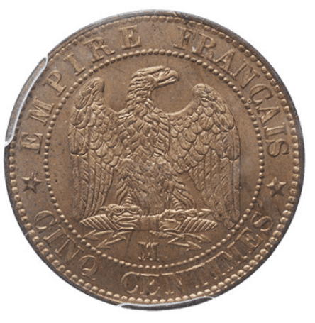 【MS64 RB】1853年 フランス  第二帝政 ナポレオン3世 5サンチーム 銅貨(裏)