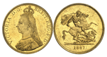 【MS60】1887年 イギリス ヴィクトリア女王 ジュビリーヘッド 5ポンド金貨(表)
