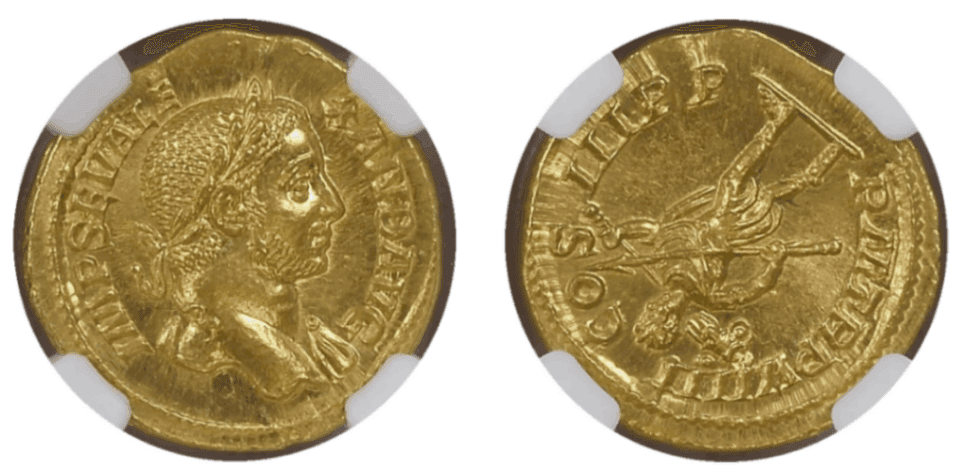 【Gem MS 5/5 5/5】222年?235年 古代ローマ帝国 セウェルス・アレクサンデル アウレウス金貨(表)