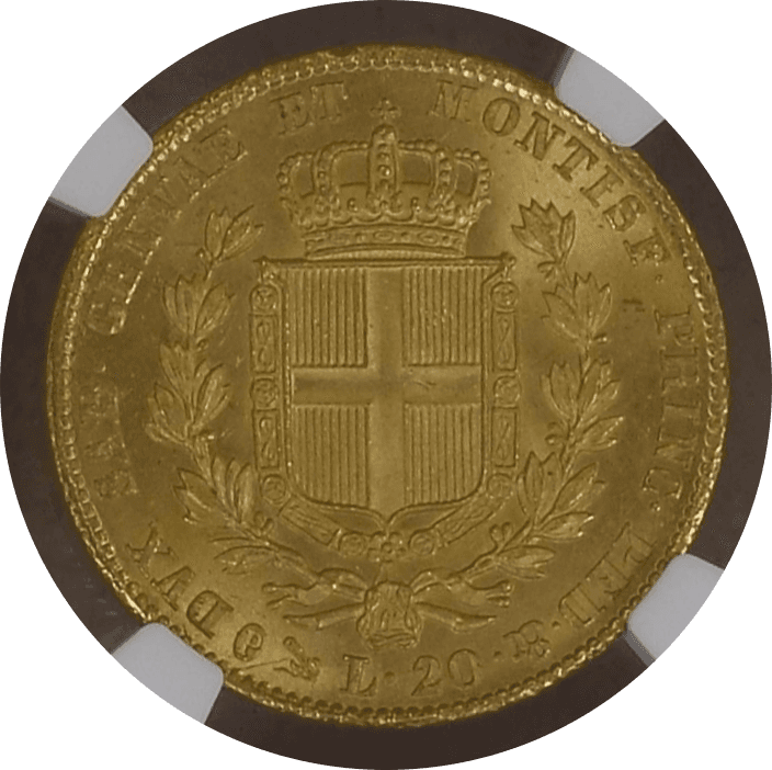 【MS64+】1849年 イタリア サルディニア王国 チャールズ・アルバート 20リラ 金貨(裏)