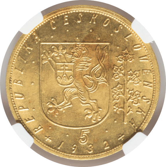【MS65】1932年  チェコスロバキア 5ダカット金貨(裏)