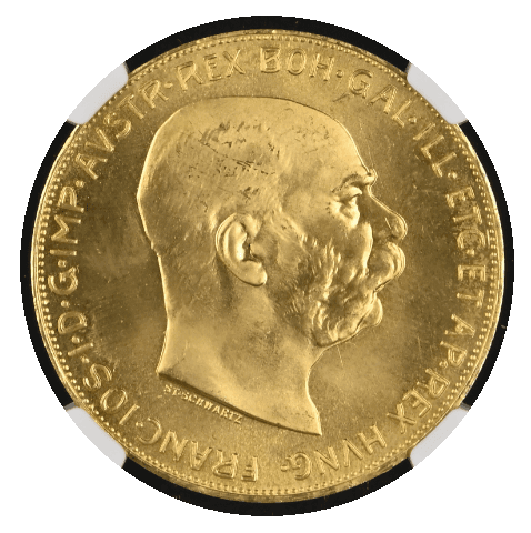 【MS67】1915年 オーストリア フランツ・ヨーゼフ1世 リストライク 100コロナ金貨(表)