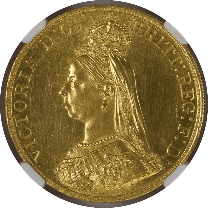 【MS62】1887年 イギリス ヴィクトリア女王 ジュビリーヘッド 5ポンド金貨(表)