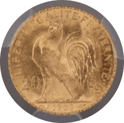 【MS67】1909年 フランス第三共和国  ルースター 20フラン金貨(裏)