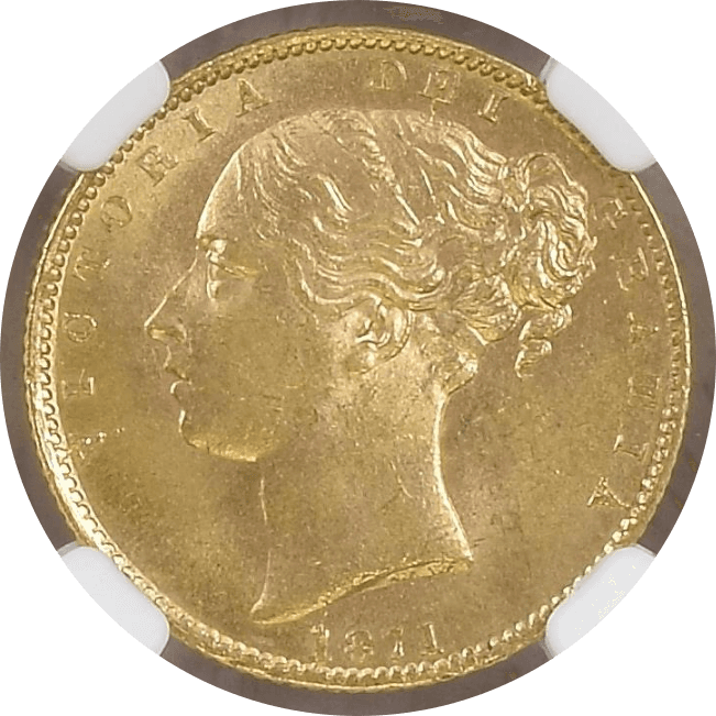 【MS65】1871年 イギリス ヴィクトリア女王 ヤングヘッド シールド 1ソブリン金貨(表)