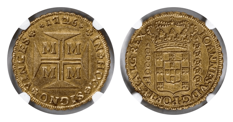 【AU53】1726年 ポルトガル領ブラジル ジョアン5世 10000レイス 金貨