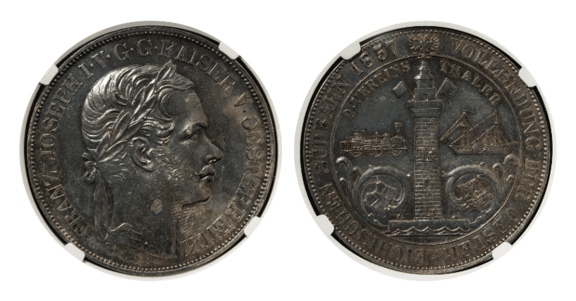【PF60】1857年 オーストリア フランツ・ヨーゼフ1世 ウィーン・トリエステ鉄道開通記念  2ターラー銀貨